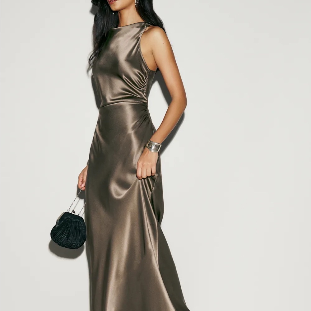 NEW NWT Reformation Morel Brown Anaiis Silk Dress High Neck Open Back Maxi - Picture 4 of 12